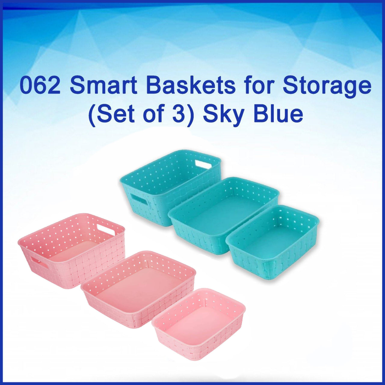 Set of 3 storage baskets in sky blue color. Set of 3 storage baskets in sky blue color.